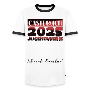Jugendweihe 2025 Livre d’or Cadeau Filles Garçons - T-shirt contrasté Homme - blanc/noir - Devant - AI Model Female 172 light (172cm) & AI Model Male 178 dark (178cm)