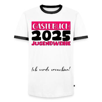 Jugendweihe 2025 Livre d’or Cadeau Filles Garçons - T-shirt contrasté Homme - blanc/noir - Devant - AI Model Female 172 light (172cm) & AI Model Male 178 dark (178cm)