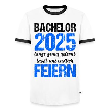 Bachelor 2025 Assez appris Cadeau Etudiant Uni - T-shirt contrasté Homme - blanc/noir - Devant - AI Model Female 172 light (172cm) & AI Model Male 178 dark (178cm)