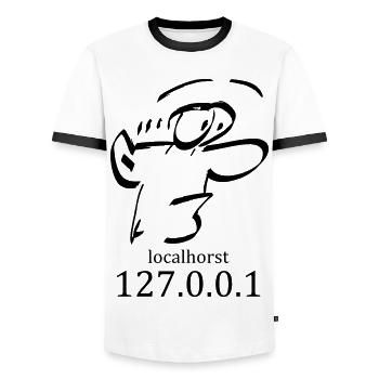 Local-Horst - 127.0.0.1 - localhorst - Männer Kontrast-T-Shirt - Weiß/Schwarz - Vorne - AI Model Female 172 light (172cm) & AI Model Male 178 dark (178cm)