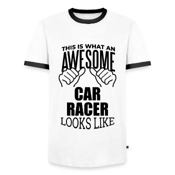 Voiture de course Voiture Voiture de course Voiture de course - T-shirt contrasté Homme - blanc/noir - Devant - AI Model Female 172 light (172cm) & AI Model Male 178 dark (178cm)