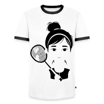 Badmintonspielerin Cartoon Stil - Männer Kontrast-T-Shirt - Weiß/Schwarz - Vorne - AI Model Female 172 light (172cm) & AI Model Male 178 dark (178cm)