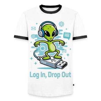 👽 Alien auf dem USB-Surf - Männer Kontrast-T-Shirt - Weiß/Schwarz - Vorne - AI Model Female 172 light (172cm) & AI Model Male 178 dark (178cm)