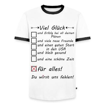 Someone who goes to America USA Good luck - Men's Ringer Shirt - white/black - Front - AI Model Female 172 light (172cm) & AI Model Male 178 dark (178cm)