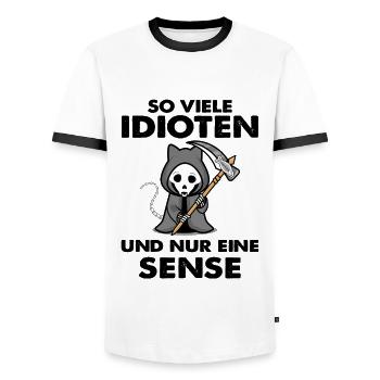 Katze So viele Idioten und nur eine Sense - Männer Kontrast-T-Shirt - Weiß/Schwarz - Vorne - AI Model Female 172 light (172cm) & AI Model Male 178 dark (178cm)