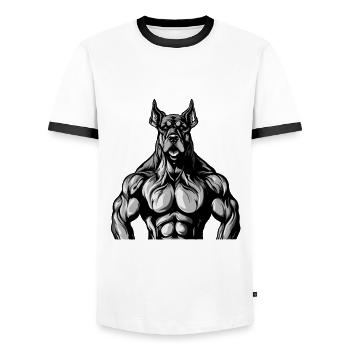 Dog Muscle Fitness - Men's Ringer Shirt - white/black - Front - AI Model Female 172 light (172cm) & AI Model Male 178 dark (178cm)