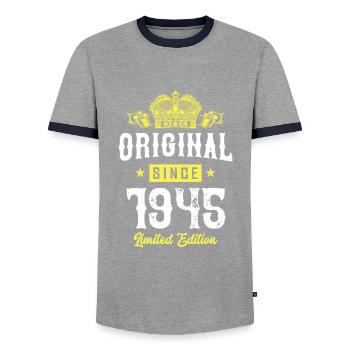 1945 Limited Edition - Men's Ringer Shirt - grey/navy  - Front - AI Model Female 172 light (172cm) & AI Model Male 178 light (178cm)