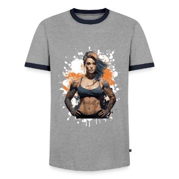 Fitness Frau Muskeln Bodybuilderin - Männer Kontrast-T-Shirt - Grau/Navy  - Vorne - AI Model Female 172 light (172cm) & AI Model Male 178 light (178cm)