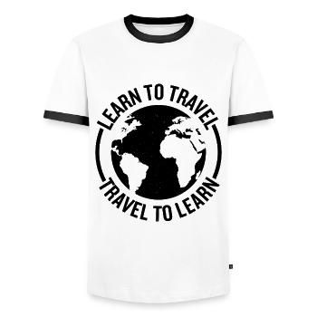 travel travel travel travel travel ready for vacation gift - Men's Ringer Shirt - white/black - Front - AI Model Female 172 light (172cm) & AI Model Male 178 dark (178cm)