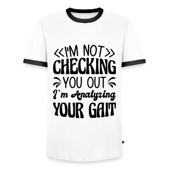 Physiotherapy Physiotherapy Physiotherapist - Men's Ringer Shirt - white/black - Front - AI Model Female 172 light (172cm) & AI Model Male 178 dark (178cm)