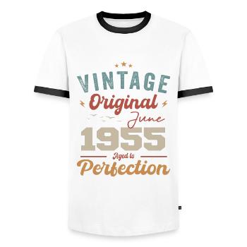 June 1955 Aged to Perfection June 1955 vintage - Men's Ringer Shirt - white/black - Front - AI Model Female 172 light (172cm) & AI Model Male 178 dark (178cm)