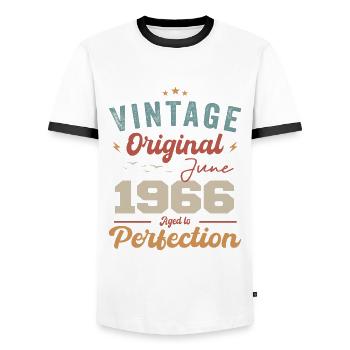 June 1966 Aged to Perfection June 1966 vintage - Men's Ringer Shirt - white/black - Front - AI Model Female 172 light (172cm) & AI Model Male 178 dark (178cm)