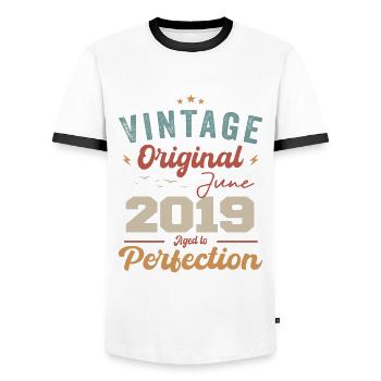 June 2019 Aged to Perfection June 2019 vintage - Men's Ringer Shirt - white/black - Front - AI Model Female 172 light (172cm) & AI Model Male 178 dark (178cm)