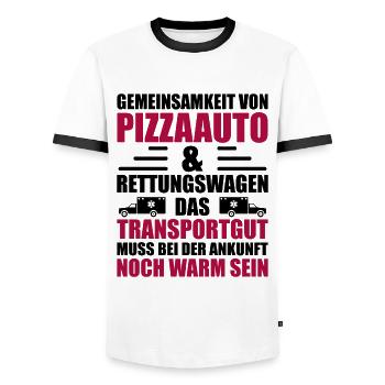 Gemeinsamkeit von Pizzaauto & Rettungswagen Sanitä - Männer Kontrast-T-Shirt - Weiß/Schwarz - Vorne - AI Model Female 172 light (172cm) & AI Model Male 178 dark (178cm)