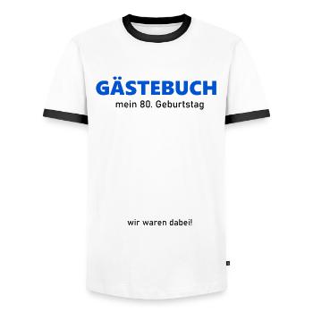 80th Birthday Guestbook to Sign Funny - Men's Ringer Shirt - white/black - Front - AI Model Female 172 light (172cm) & AI Model Male 178 dark (178cm)