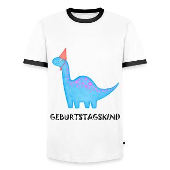 Anniversaire Garçon Brachiosaure Dino Anniversaire - T-shirt contrasté Homme - blanc/noir - Devant - AI Model Female 172 light (172cm) & AI Model Male 178 dark (178cm)