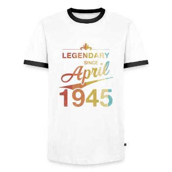 80th Birthday Legendary April 1945 Volume 45 - Men's Ringer Shirt - white/black - Front - AI Model Female 172 light (172cm) & AI Model Male 178 dark (178cm)