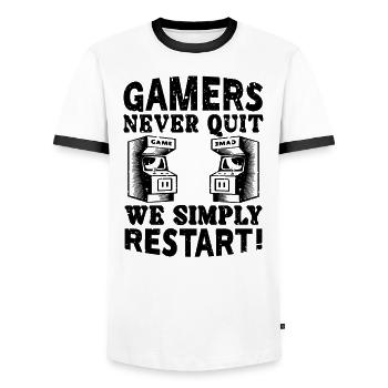 Gamers Never Quit Outfit - Men's Ringer Shirt - white/black - Front - AI Model Female 172 light (172cm) & AI Model Male 178 dark (178cm)