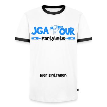 JGA Bachelor Party Guest List Gift - Men's Ringer Shirt - white/black - Front - AI Model Female 172 light (172cm) & AI Model Male 178 dark (178cm)
