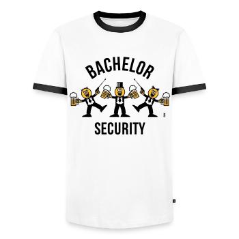 Bachelor Security (JGA / Karikatur / Tanz / 3C B) - Männer Kontrast-T-Shirt - Weiß/Schwarz - Vorne - AI Model Female 172 light (172cm) & AI Model Male 178 dark (178cm)