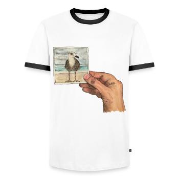 Hand with photo of a seagull - Men's Ringer Shirt - white/black - Front - AI Model Female 172 light (172cm) & AI Model Male 178 dark (178cm)
