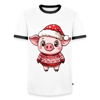 Pig Christmas Comic - Men's Ringer Shirt - white/black - Front - AI Model Female 172 light (172cm) & AI Model Male 178 dark (178cm)