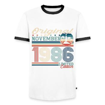Original November 1986 36th Birthday Gift - Men's Ringer Shirt - white/black - Front - AI Model Female 172 light (172cm) & AI Model Male 178 dark (178cm)