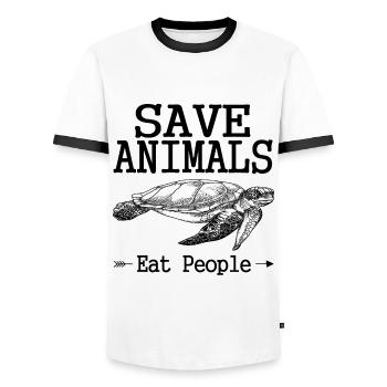 Lustiger Spruch Tiere Schützen, Menschen Essen - Männer Kontrast-T-Shirt - Weiß/Schwarz - Vorne - AI Model Female 172 light (172cm) & AI Model Male 178 dark (178cm)