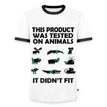 PRODUCT tested on Animals - Didn't Fit - Men's Ringer Shirt - white/black - Front - AI Model Female 172 light (172cm) & AI Model Male 178 dark (178cm)