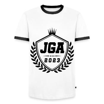 Jga 2023 Armoiries de l’enterrement de vie de garçon - T-shirt contrasté Homme - blanc/noir - Devant - AI Model Female 172 light (172cm) & AI Model Male 178 dark (178cm)