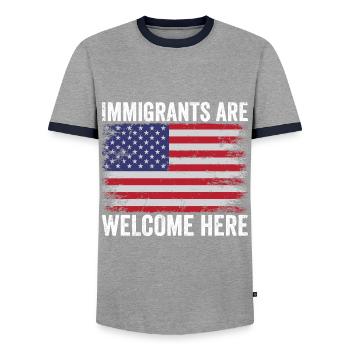 Immigrants are welcome Immigration lovers - Men's Ringer Shirt - grey/navy  - Front - AI Model Female 172 light (172cm) & AI Model Male 178 light (178cm)