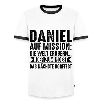 First name Daniel - Men's Ringer Shirt - white/black - Front - AI Model Female 172 light (172cm) & AI Model Male 178 dark (178cm)