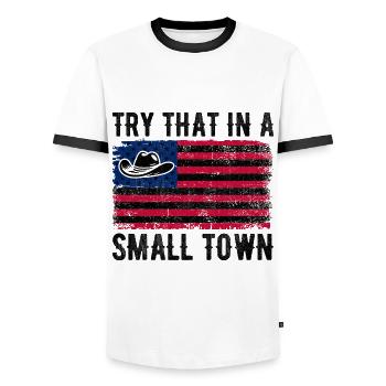 Try That In A Small Town American Flag Country - Men's Ringer Shirt - white/black - Front - AI Model Female 172 light (172cm) & AI Model Male 178 dark (178cm)