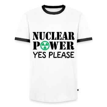 Nuclear Power, Yes Please, Yes to Nuclear Energy - Men's Ringer Shirt - white/black - Front - AI Model Female 172 light (172cm) & AI Model Male 178 dark (178cm)