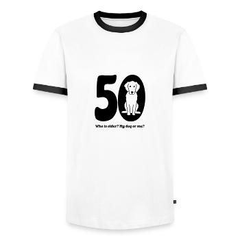 50. Geburtstag mit Hund - Männer Kontrast-T-Shirt - Weiß/Schwarz - Vorne - AI Model Female 172 light (172cm) & AI Model Male 178 dark (178cm)