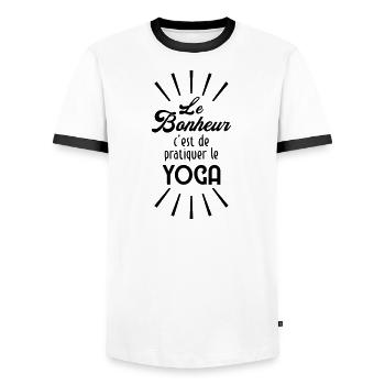 Le Bonheur c'est de pratiquer le Yoga ! - T-shirt contrasté Homme - blanc/noir - Devant - AI Model Female 172 light (172cm) & AI Model Male 178 dark (178cm)