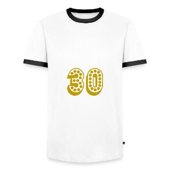 30. 30 YEARS. 30th ANNIVERSARY. 30TH ANNIVERSARY. - Men's Ringer Shirt - white/black - Front - AI Model Female 172 light (172cm) & AI Model Male 178 dark (178cm)