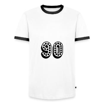 90. 90 YEARS. 90TH ANNIVERSARY. 90TH ANNIVERSARY. - Men's Ringer Shirt - white/black - Front - AI Model Female 172 light (172cm) & AI Model Male 178 dark (178cm)