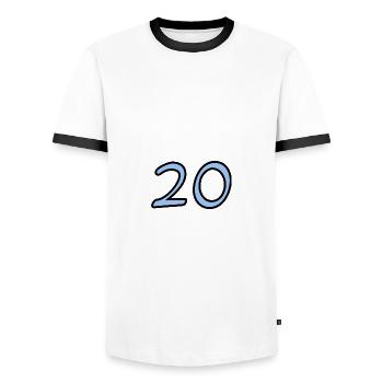 20. 20 YEARS. 20th ANNIVERSARY. 20TH ANNIVERSARY. - Men's Ringer Shirt - white/black - Front - AI Model Female 172 light (172cm) & AI Model Male 178 dark (178cm)