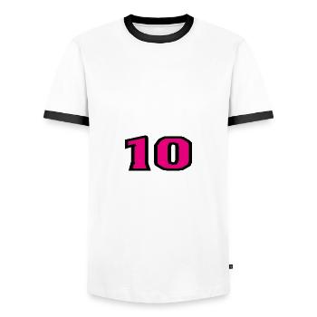 10. 10 YEARS. 10th ANNIVERSARY. 10 YEAR ANNIVERSARY. - Men's Ringer Shirt - white/black - Front - AI Model Female 172 light (172cm) & AI Model Male 178 dark (178cm)