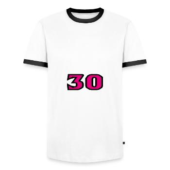 30. 30 YEARS. 30th ANNIVERSARY. 30TH ANNIVERSARY. - Men's Ringer Shirt - white/black - Front - AI Model Female 172 light (172cm) & AI Model Male 178 dark (178cm)