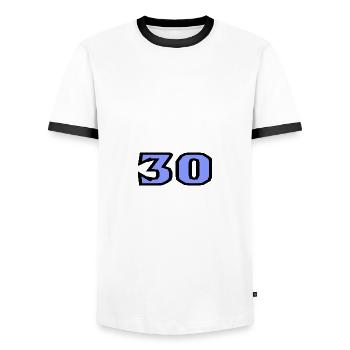 30. 30 YEARS. 30th ANNIVERSARY. 30TH ANNIVERSARY. - Men's Ringer Shirt - white/black - Front - AI Model Female 172 light (172cm) & AI Model Male 178 dark (178cm)