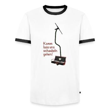 Double chairlift "Come on, let's go swinging!" - Men's Ringer Shirt - white/black - Front - AI Model Female 172 light (172cm) & AI Model Male 178 dark (178cm)