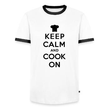 Keep calm and cook on - Men's Ringer Shirt - white/black - Front - AI Model Female 172 light (172cm) & AI Model Male 178 dark (178cm)
