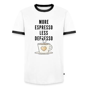 More Espresso less Depresso - T-shirt contrasté Homme - blanc/noir - Devant - AI Model Female 172 light (172cm) & AI Model Male 178 dark (178cm)