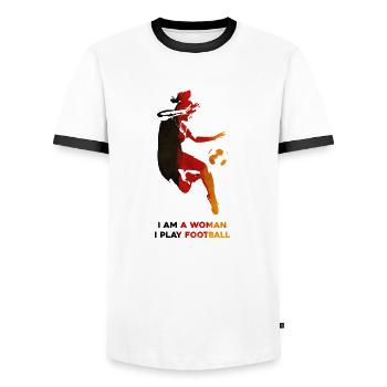 Frauenfußball - Männer Kontrast-T-Shirt - Weiß/Schwarz - Vorne - AI Model Female 172 light (172cm) & AI Model Male 178 dark (178cm)
