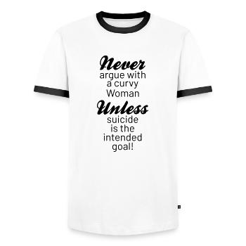 never argue with a curvy Woman - Men's Ringer Shirt - white/black - Front - AI Model Female 172 light (172cm) & AI Model Male 178 dark (178cm)