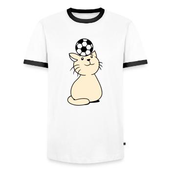 Ball Spielende Katze Balanciert Fußball Kopf Spaß - Männer Kontrast-T-Shirt - Weiß/Schwarz - Vorne - AI Model Female 172 light (172cm) & AI Model Male 178 dark (178cm)