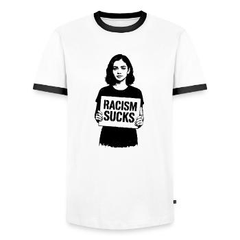 Racism Sucks Rassismus - Men's Ringer Shirt - white/black - Front - AI Model Female 172 light (172cm) & AI Model Male 178 dark (178cm)