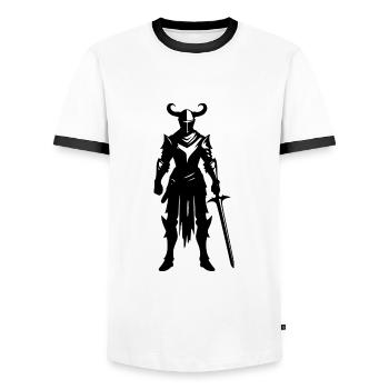 Kampf Ritter mit Schwert - Männer Kontrast-T-Shirt - Weiß/Schwarz - Vorne - AI Model Female 172 light (172cm) & AI Model Male 178 dark (178cm)